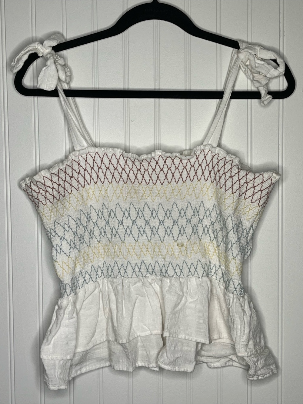 ARULA White Smocked Peplum Camisole with Red, Yellow & Blue Stitching
